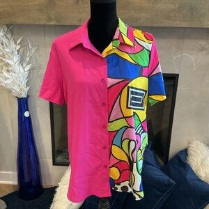 SHEIN Pink and Multicolor Abstract Button Down Shirt